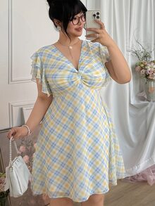 CovetEZ Plus Size White,Summer,Classy,Date Night Blue And Yellow Plaid Chiffon Twist Knot Cinched Waist Ruffle Hem Flutter Sleeve Retro Vintage A-Line Dress - Multicolor - View 4
