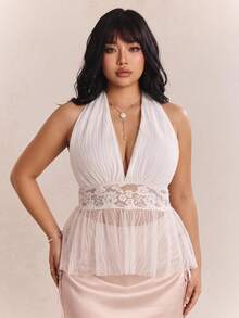 CovetEZ Plus Size Summer Romantic Spaghetti Strap Pleated Patchwork Chiffon Lace Halter Top, Summer Tops Sexy Blouses - Beige - View 1