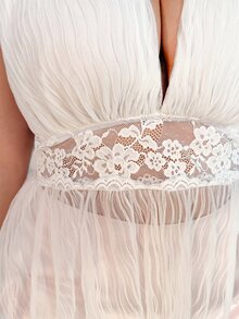 CovetEZ Plus Size Summer Romantic Spaghetti Strap Pleated Patchwork Chiffon Lace Halter Top, Summer Tops Sexy Blouses - Beige - View 7
