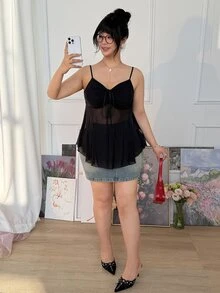 CovetEZ Plus Size Women Solid Color Front Tie Elastic A-Line Camisole, Spring/Summer, Summer Tops Babydoll Top See Through Tops Sheer Top - Black - View 5