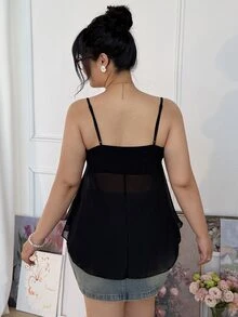CovetEZ Plus Size Women Solid Color Front Tie Elastic A-Line Camisole, Spring/Summer, Summer Tops Babydoll Top See Through Tops Sheer Top - Black - View 2