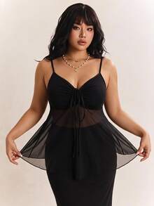 CovetEZ Plus Size Women Solid Color Front Tie Elastic A-Line Camisole, Spring/Summer, Summer Tops Babydoll Top See Through Tops Sheer Top - Black - View 1