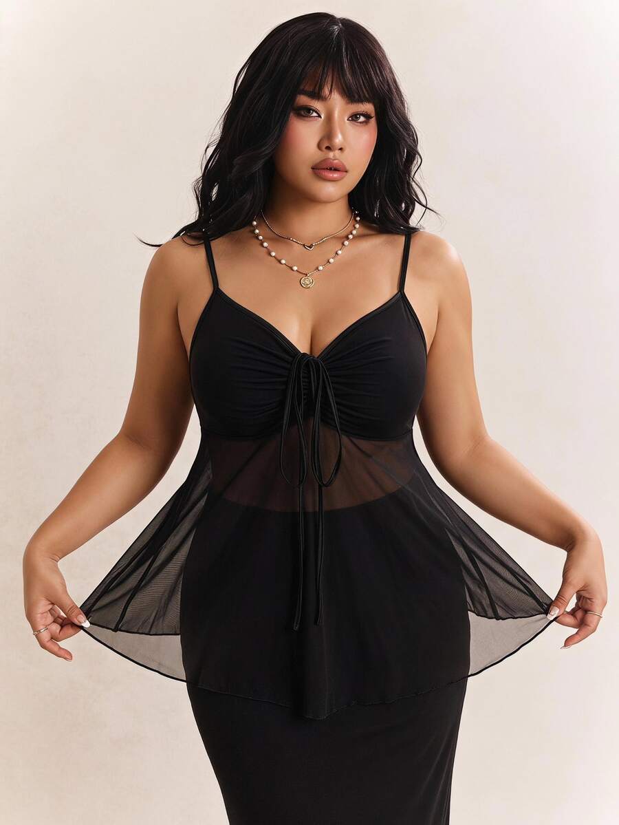 CovetEZ Plus Size Women Solid Color Front Tie Elastic A-Line Camisole, Spring/Summer, Summer Tops Babydoll Top See Through Tops Sheer Top - Black - View 1