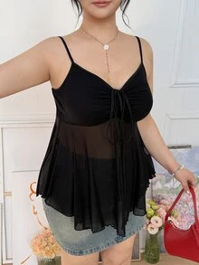 CovetEZ Plus Size Women Solid Color Front Tie Elastic A-Line Camisole, Spring/Summer, Summer Tops Babydoll Top See Through Tops Sheer Top - Black - View 6