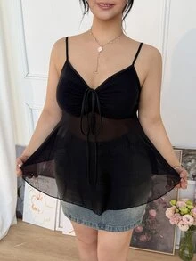 CovetEZ Plus Size Women Solid Color Front Tie Elastic A-Line Camisole, Spring/Summer, Summer Tops Babydoll Top See Through Tops Sheer Top - Black - View 4