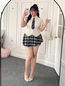 CovetEZ 大码女式休闲百搭蝴蝶结领衬衫，适合日常穿着 - 杏色 - 查看 6