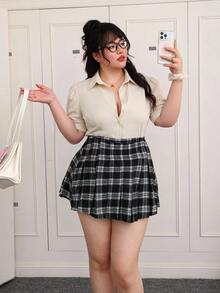 CovetEZ 大码女式休闲百搭蝴蝶结领衬衫，适合日常穿着 - 杏色 - 查看 5