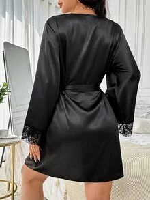 Côtesoire 女士蕾丝边浴袍，配腰带，奢华家居服，秋冬舒适优雅细节 - 黑色 - 查看 3