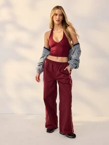 Aralina Leisurewear Active Backless Halter Plunge V Neck Body Sculpting Built In Sports Bra Stretch Workout Activewear Tank Top - Burgundy - View 9