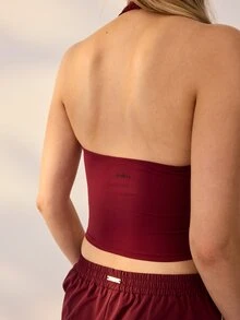 Aralina Leisurewear Active Backless Halter Plunge V Neck Body Sculpting Built In Sports Bra Stretch Workout Activewear Tank Top - Burgundy - View 8