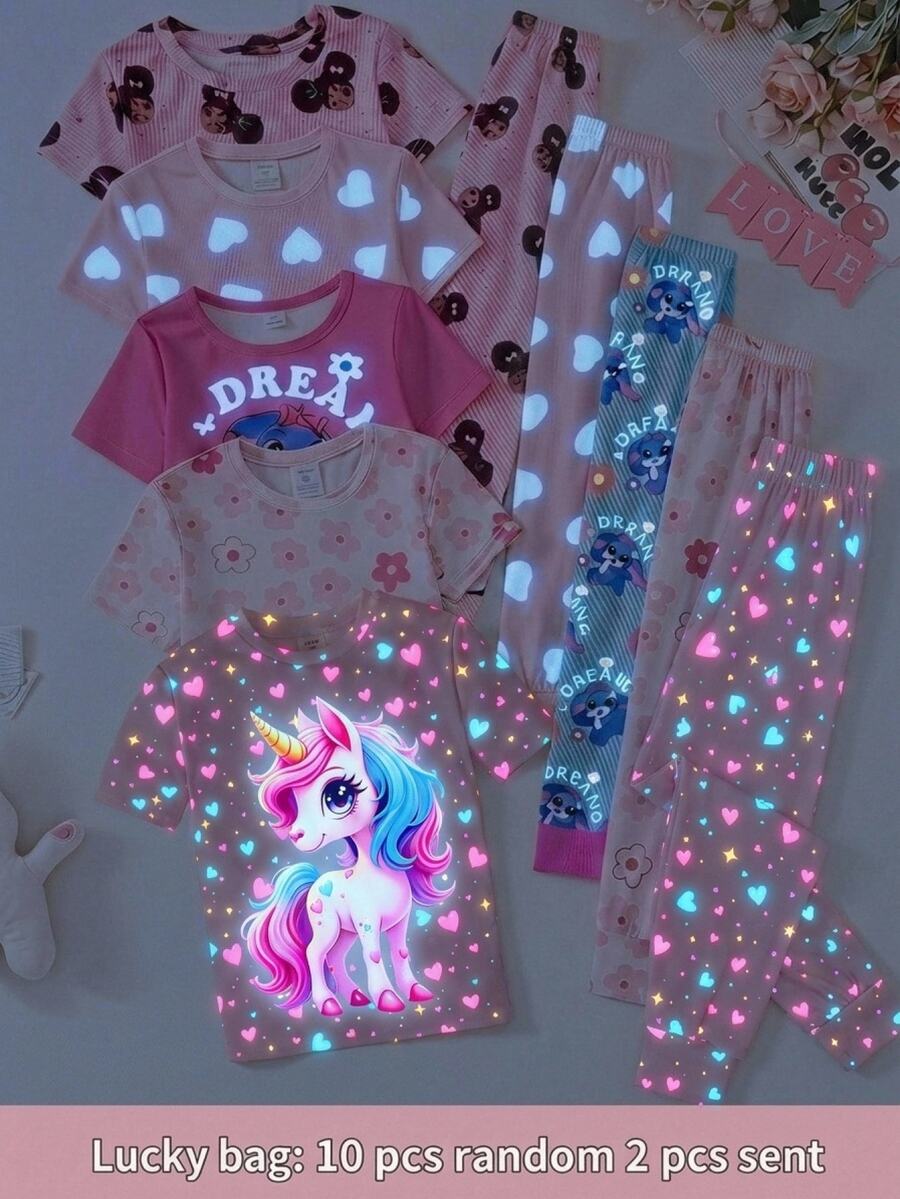 SHEIN Tween Girls Casual Minimalist Glow-In-The-Dark Unicorn Snug Fit Comfortable Crew Neck Short Sleeve Long Pants Loungewear Suitable For All Seasons