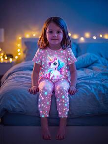 SHEIN Tween Girls Casual Minimalist Glow-In-The-Dark Unicorn Snug Fit Comfortable Crew Neck Short Sleeve Long Pants Loungewear Suitable For All Seasons - Multicolor - View 12