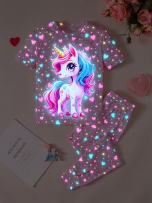 SHEIN Tween Girls Casual Minimalist Glow-In-The-Dark Unicorn Snug Fit Comfortable Crew Neck Short Sleeve Long Pants Loungewear Suitable For All Seasons - Multicolor - View 3