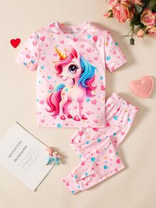 SHEIN Tween Girls Casual Minimalist Glow-In-The-Dark Unicorn Snug Fit Comfortable Crew Neck Short Sleeve Long Pants Loungewear Suitable For All Seasons - Multicolor - View 4