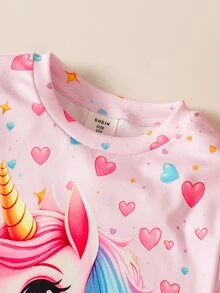 SHEIN Tween Girls Casual Minimalist Glow-In-The-Dark Unicorn Snug Fit Comfortable Crew Neck Short Sleeve Long Pants Loungewear Suitable For All Seasons - Multicolor - View 6