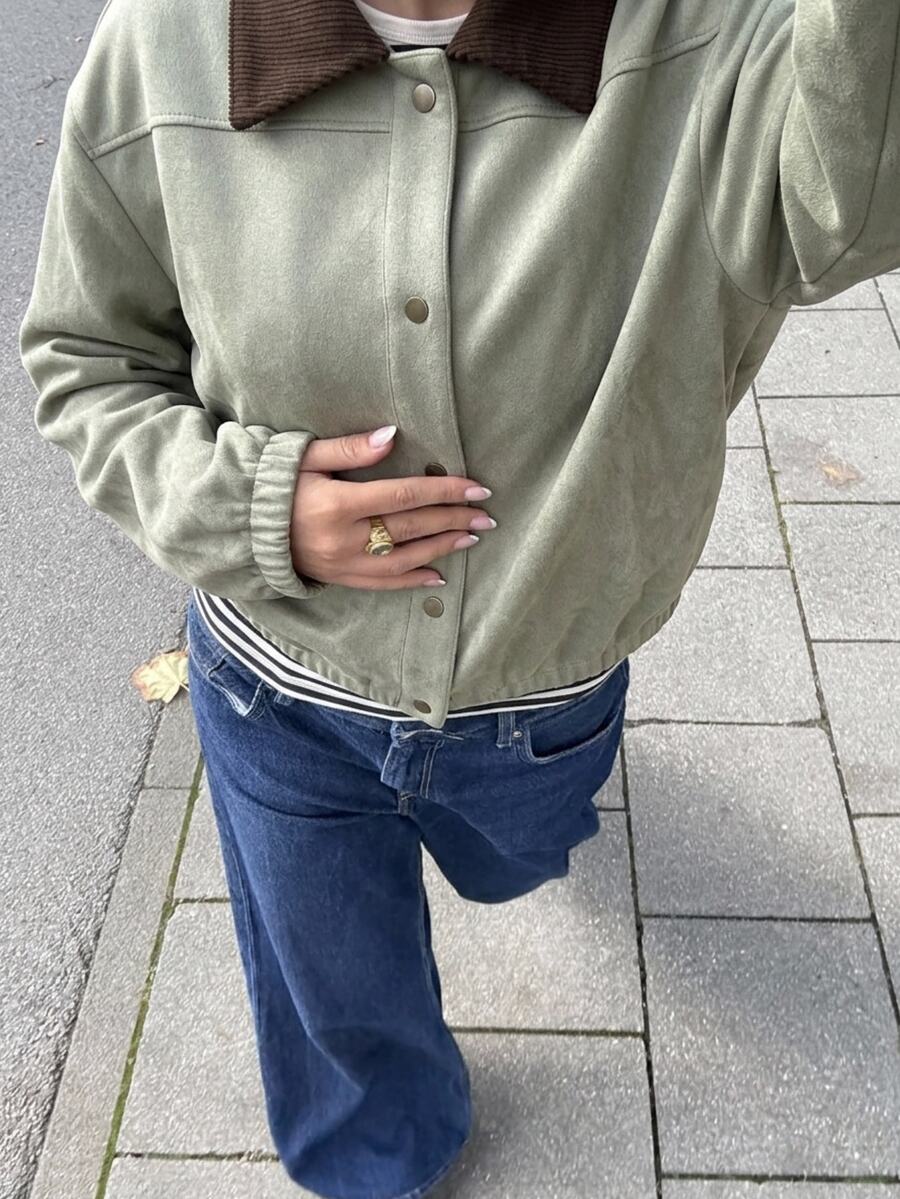 Aloruh 女款秋冬新款麂皮夾克,軍綠色夾克,拼色設計,農場風服飾,休閒百搭街頭穿搭 - 軍綠色 - 查看 1