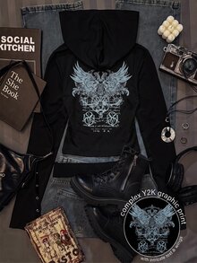 青少年女孩秋季休閒街頭風 Y2K 前拉鍊修身連帽 T 恤，適合秋冬，復古印花派對 Sixth Form 黑色 - 黑色 - 查看 7