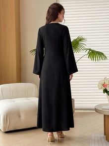 Al Najma Women Spring Autumn Arabic Style Color‑Block Lace Trim Maxi Robe Dress V‑Neck Tie Waist Long Sleeve For Banquet Party - Black - View 3