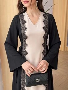 Al Najma Women Spring Autumn Arabic Style Color‑Block Lace Trim Maxi Robe Dress V‑Neck Tie Waist Long Sleeve For Banquet Party - Black - View 7