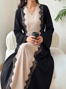 Al Najma Women Spring Autumn Arabic Style Color‑Block Lace Trim Maxi Robe Dress V‑Neck Tie Waist Long Sleeve For Banquet Party - Black - View 6