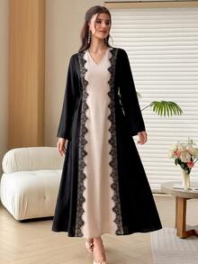 Al Najma Women Spring Autumn Arabic Style Color‑Block Lace Trim Maxi Robe Dress V‑Neck Tie Waist Long Sleeve For Banquet Party - Black - View 4