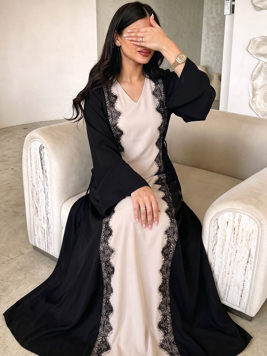 Al Najma Women Spring Autumn Arabic Style Color‑Block Lace Trim Maxi Robe Dress V‑Neck Tie Waist Long Sleeve For Banquet Party