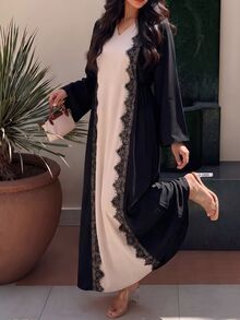 Al Najma Women Spring Autumn Arabic Style Color‑Block Lace Trim Maxi Robe Dress V‑Neck Tie Waist Long Sleeve For Banquet Party - Black - View 5