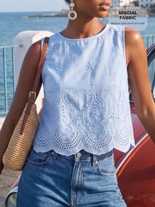 CAJUNI 女款刺繡燒花休閒熱帶風歐式百搭日常穿著上衣 度假淺藍色夏季 - 藍色 - 查看 1