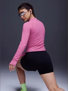 Powerista Solid Color Stand Collar Half Zip Slim Fit Sports Sweatshirt - Pink - View 5