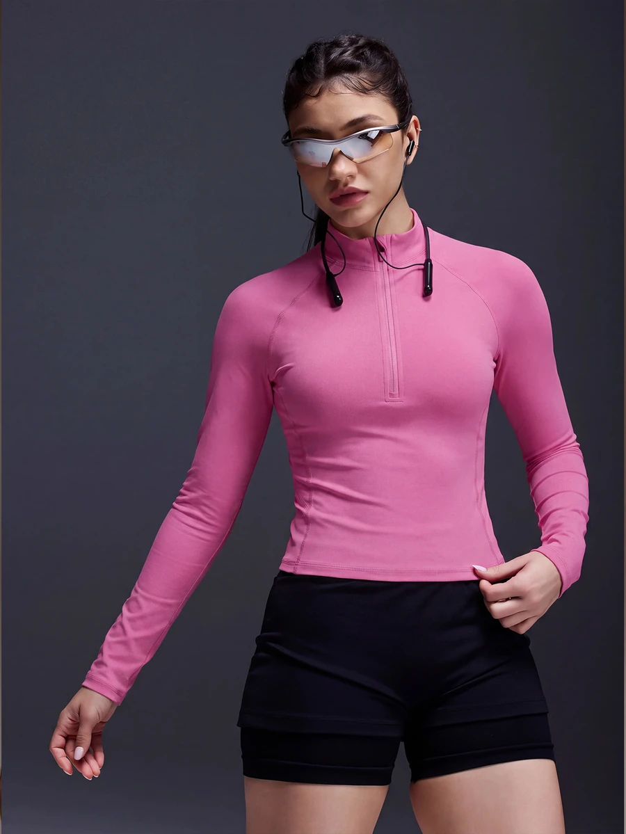 Powerista Solid Color Stand Collar Half Zip Slim Fit Sports Sweatshirt - Pink - View 1