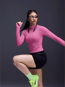 Powerista Solid Color Stand Collar Half Zip Slim Fit Sports Sweatshirt - Pink - View 4