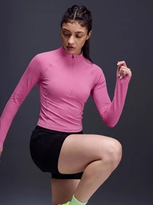 Powerista Solid Color Stand Collar Half Zip Slim Fit Sports Sweatshirt - Pink - View 7