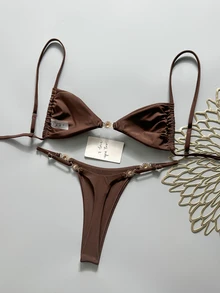 Swim Mod Women's Spring/Summer Solid Color Spaghetti Strap Metal Decor Bikini Set - Brown - View 4