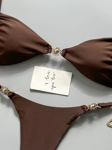 Swim Mod Women's Spring/Summer Solid Color Spaghetti Strap Metal Decor Bikini Set - Brown - View 6