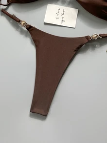Swim Mod Women's Spring/Summer Solid Color Spaghetti Strap Metal Decor Bikini Set - Brown - View 7