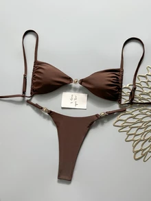 Swim Mod Women's Spring/Summer Solid Color Spaghetti Strap Metal Decor Bikini Set - Brown - View 3