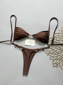 Swim Mod Women's Spring/Summer Solid Color Spaghetti Strap Metal Decor Bikini Set - Brown - View 2