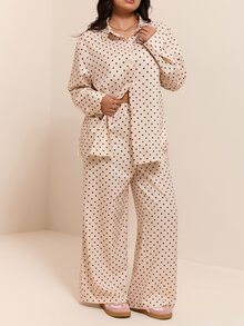 CovetEZ 大尺碼女款蕾絲拼接波點長袖上衣與寬腿褲休閒日常兩件套 秋季 - 彩色 - 查看 1