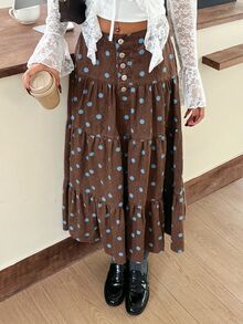 Rivivi Women's Button Front Polka Dot Tiered Denim Maxi Skirt - Brown - View 3
