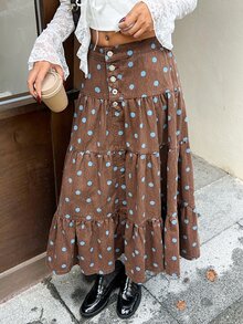 Rivivi Women's Button Front Polka Dot Tiered Denim Maxi Skirt - Brown - View 5