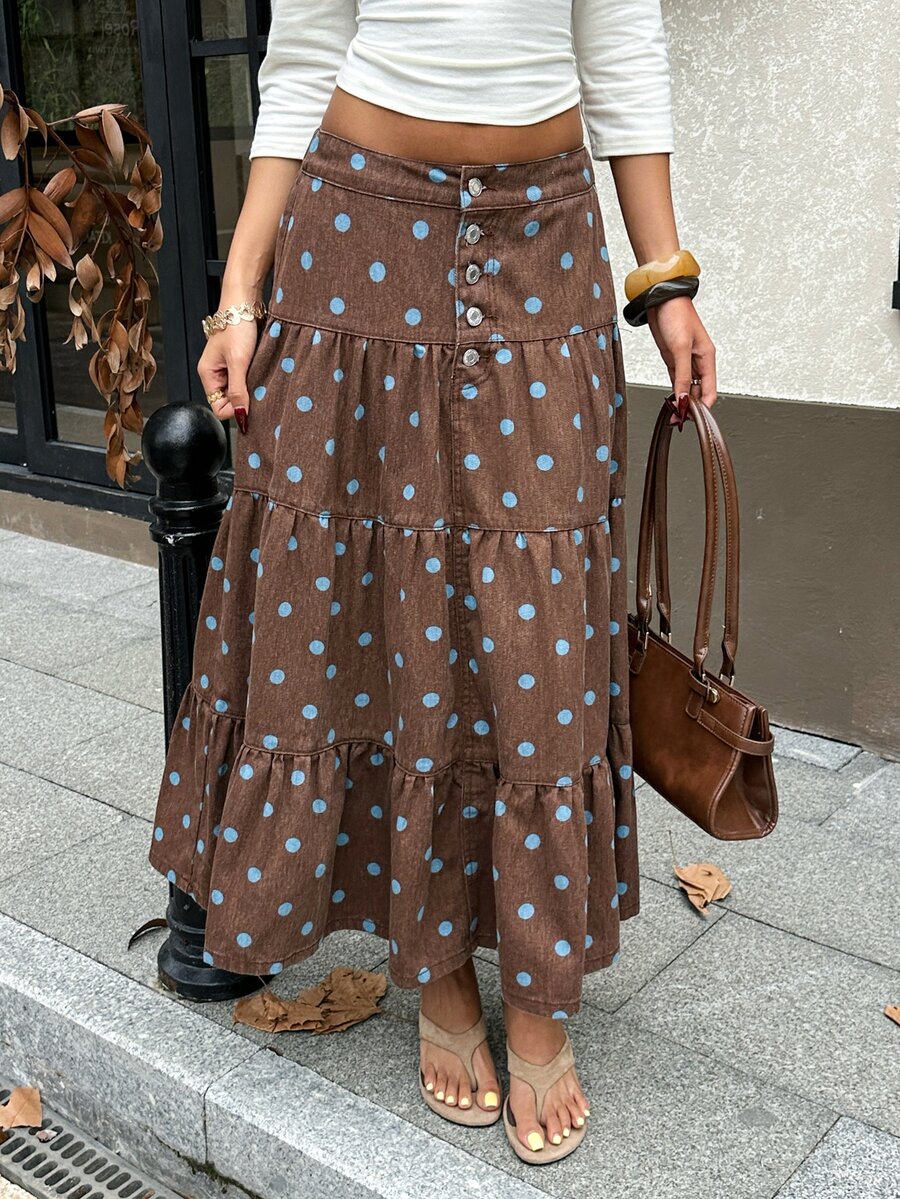 Rivivi Women's Button Front Polka Dot Tiered Denim Maxi Skirt - Brown - View 1
