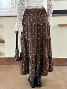 Rivivi Women's Button Front Polka Dot Tiered Denim Maxi Skirt - Brown - View 2