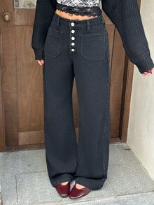 Rivivi Women's High Waist Button Washed Denim Jeans - Black - View 5