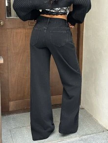 Rivivi Women's High Waist Button Washed Denim Jeans - Black - View 2