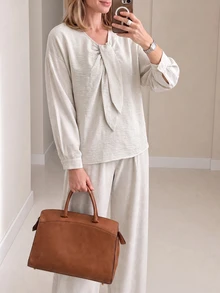Louniche Women's Light Apricot Casual Set, Bow Collar Long Sleeve + Long Pants, Loose Two Pieces Outfit For Daily Commute - Apricot - View 8
