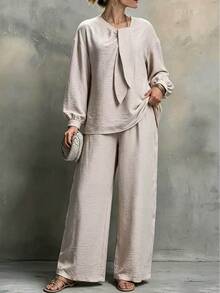 Louniche Women's Light Apricot Casual Set, Bow Collar Long Sleeve + Long Pants, Loose Two Pieces Outfit For Daily Commute - Apricot - View 1