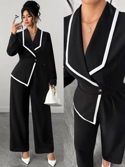 Elenzga Women's Plus Size White Contrast Trim Waist-Cinching Loose Straight Leg Pants, Spring Summer Autumn, Casual Elegant Daily Home Office Vacation Romantic Gathering Wedding Party Guest Brown Jumpsuit