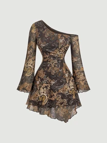 SHEIN MOD Women's Vintage Sexy Nomad Bohemian Print Asymmetric Shoulder Bell Sleeve Dress Night Dark Brown Autumn - Multicolor - View 3