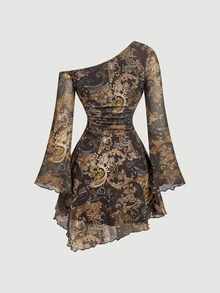 SHEIN MOD Women's Vintage Sexy Nomad Bohemian Print Asymmetric Shoulder Bell Sleeve Dress Night Dark Brown Autumn - Multicolor - View 7