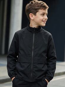 SHEIN Kids Tween Boy Versatile Solid Black Open Front Long Sleeve Utility Jacket, Suitable For Commuting, School, Daily Casual, Vacation, Travel, Sports, Autumn/Winter - Black - View 3